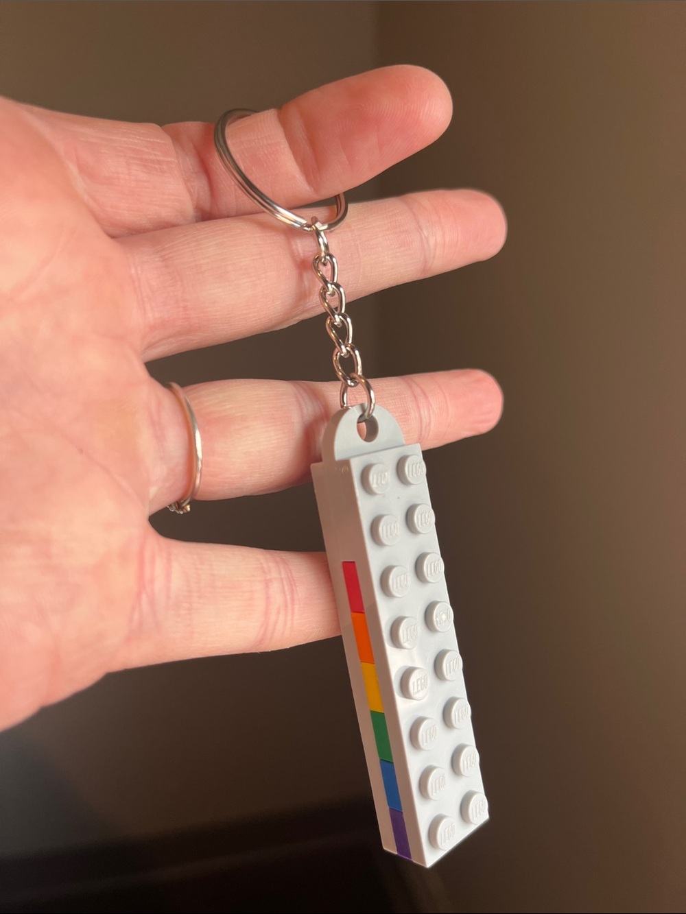 Lego Light Grey Brick Keychain with Rainbow Side Stripes - Handmade